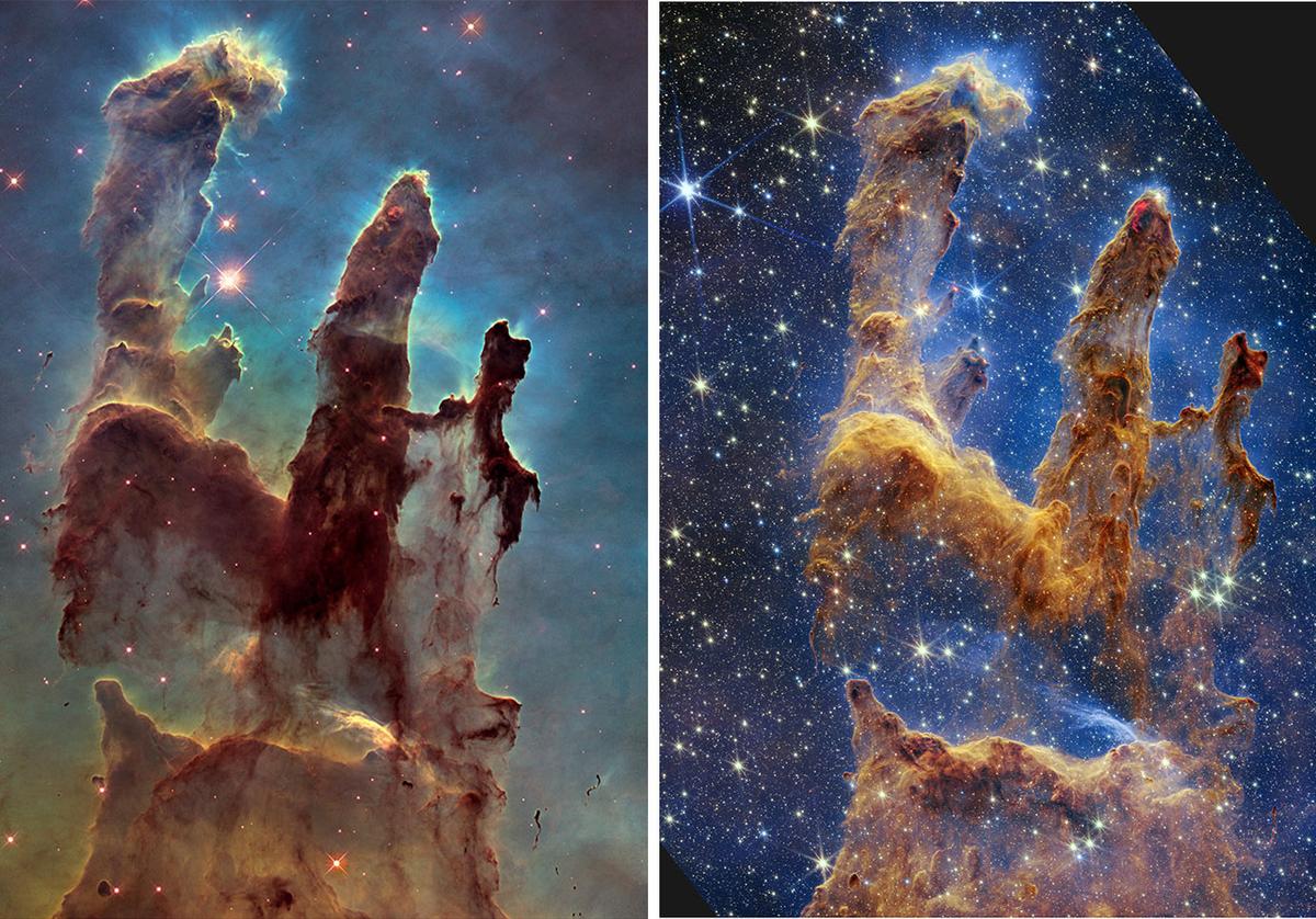 (L) The Pillars of Creation nebula captured by the Hubble Space Telescope in 1995; (R) The Pillars of Creation nebula captured by NASA’s James Webb Space Telescope in 2022. (NASA, ESA, CSA, STScI; Joseph DePasquale (STScI), Anton M. Koekemoer (STScI), Alyssa Pagan (STScI)).