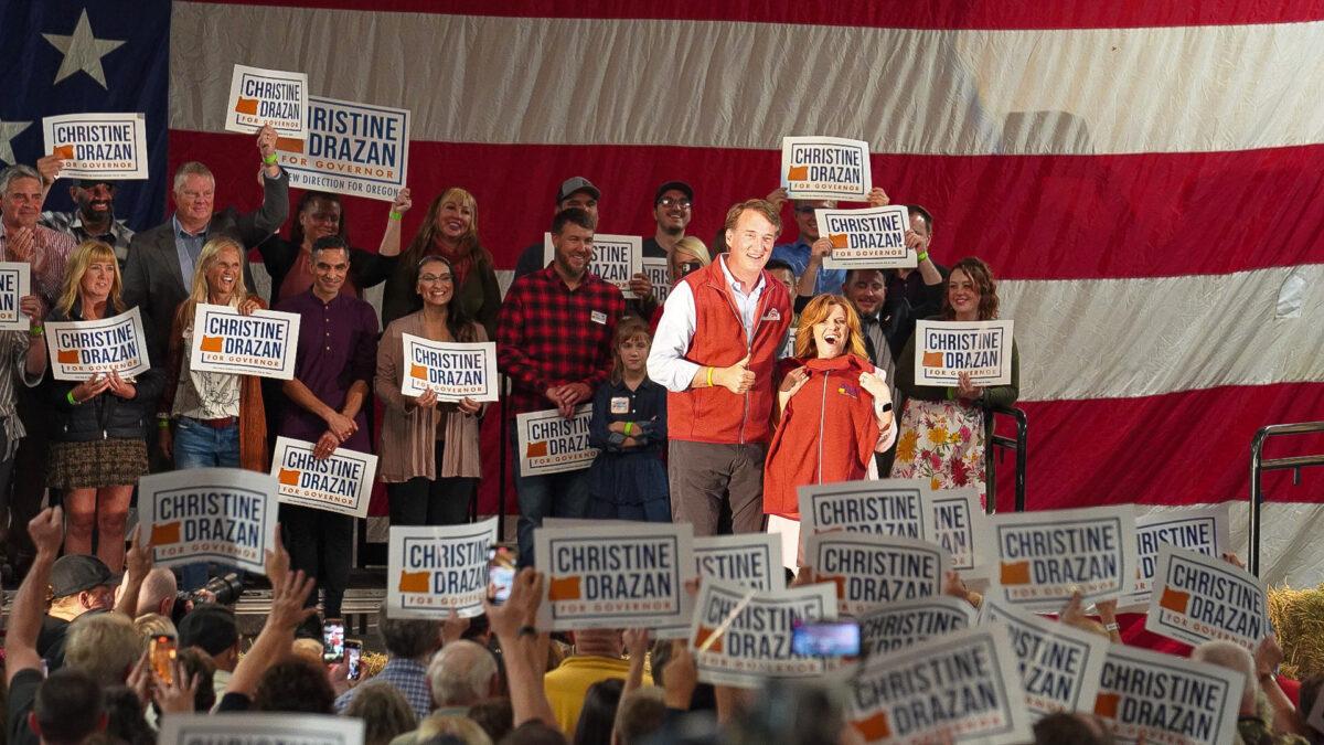 Virginia Gov. Glenn Youngkin at an election rally in Oregon with Republican candidate for governor Christine Drazan. (Courtesy John Burke)