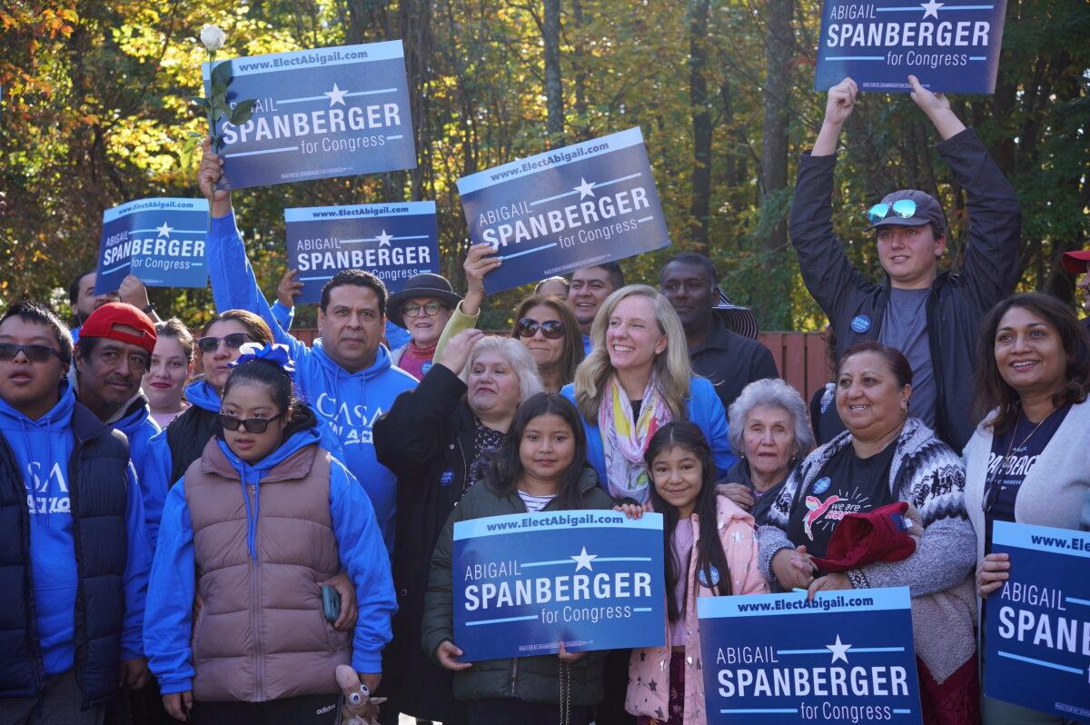 Rep. Abigail Spanberger (D-Va.) with supporters in Woodbridge, Va., on Oct. 22, 2022. (Terri Wu/The Epoch Times)