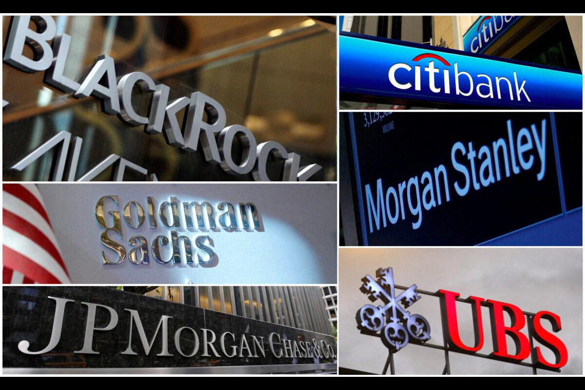 A combination file photo shows UBS, Citibank, Morgan Stanley, BlackRock, JPMorgan Chase, and Goldman Sachs. (Reuters)