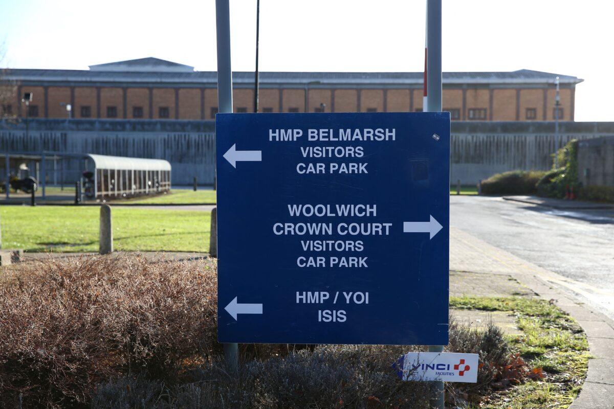 Signage is pictured outside HMP Belmarsh prison in southeast London on Dec. 10, 2021. (Hollie Adams/AFP via Getty Images)