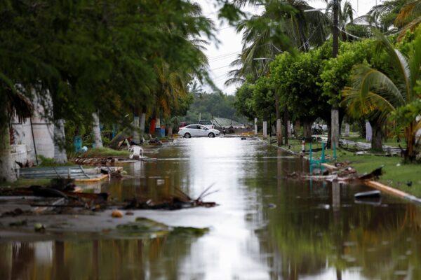 A flooded street following the passing of Hurricane Roslyn that hit Mexico's Pacific coast with heavy winds and rain in San Blas in Nayarit state, Mexico, on Oct. 23, 2022. (Hugo Cervantes/Reuters)