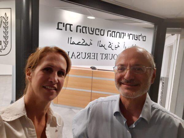 David Shuldman (R) and Avital Livny, head of the testimonies project, at the Jerusalem District Court, Jerusalem, Israel, on Sept. 29, 2022. (Courtesy of Avital Livny)