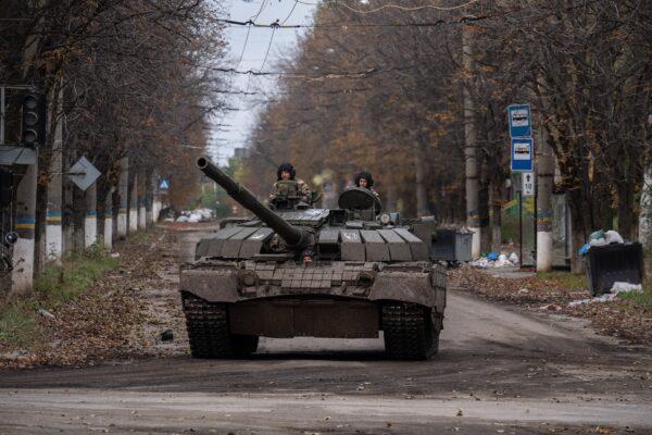 A Ukrainian tank moves near the front line in Bakhmut, Donetsk oblast, Ukraine, on Oct. 21, 2022. (Carl Court/Getty Images)