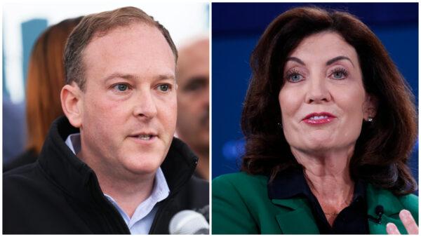 (Left) New York Republican gubernatorial nominee Rep. Lee Zeldin (R-N.Y.) speaks during a press conference at the entrance to the Rikers Island jail in New York on Oct. 24, 2022. (Michael M. Santiago/Getty Images); (Right) New York Gov. Kathy Hochul speaks onstage during The 2022 Concordia Annual Summit-Day 2 at the Sheraton New York on Sept. 20, 2022. (John Lamparski/Getty Images for Concordia Summit)