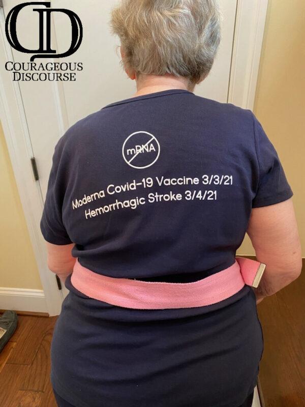 Mrs. Barbara Orandello after COVID-19 vaccine induced intracranial hemorrhage and neurologically devastating stroke requiring extensive rehabilitation.