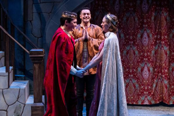 (L–R) Arthur (Michael Metcalf), Mordred (Parker Guidry), and Guenevere (Christine Mayland Perkins) in "Camelot." (brett beiner photography)