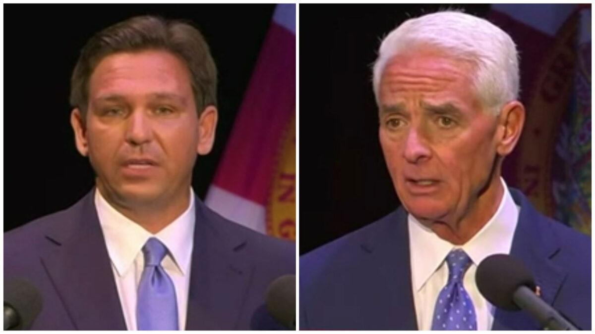 Florida Gov. Ron DeSantis (L), a Republican, faces Democratic challenger Charlie Crist during their only debate, held in Fort Pierce, Fla., on Oct. 24, 2022. (Courtesy of Sinclair Broadcast Group/WPEC-TV)