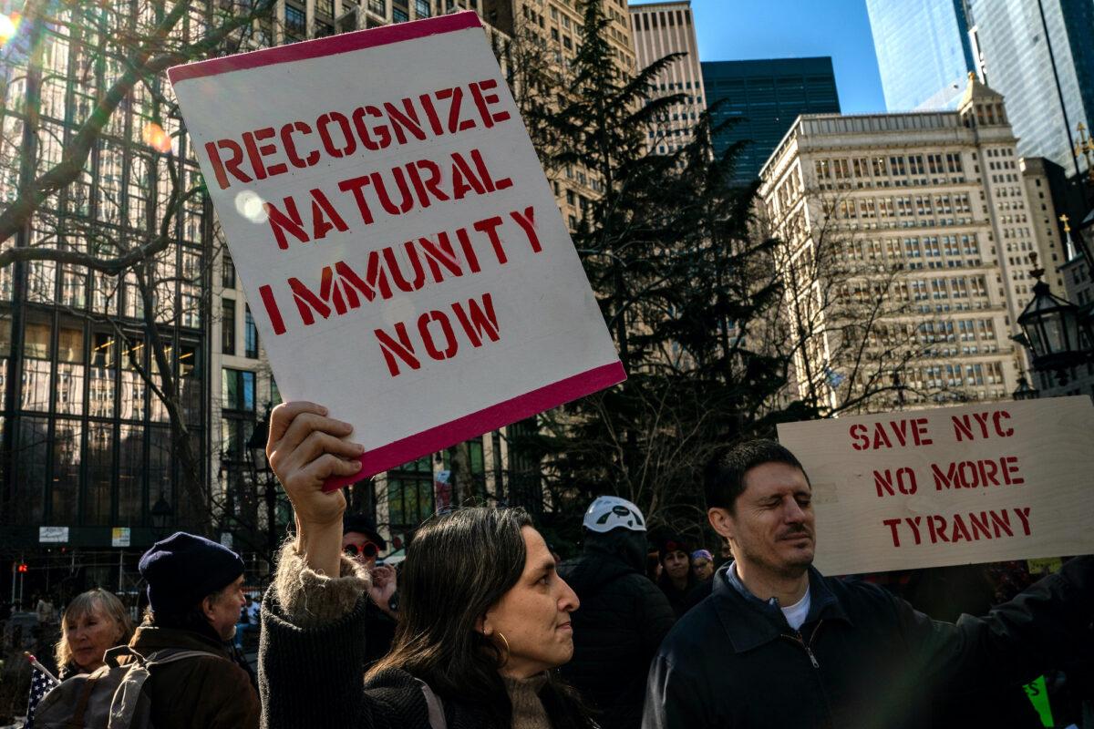 People gather at City Hall to protest New York’s vaccine mandate on Feb. 11, 2022. (David Dee Delgado/Getty Images)