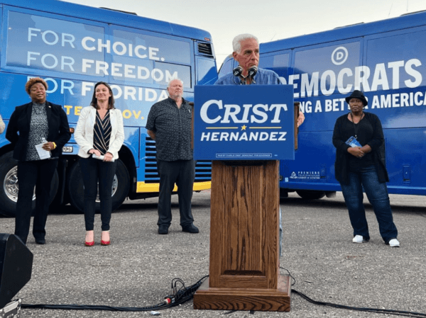 Former Rep. Charlie Crist (D-Fla.), now running for Florida governor, touts his 30-year career as a "uniter," in Jacksonville, Fla., on Oct. 20, 2022. (Courtesy of Crist for Governor)