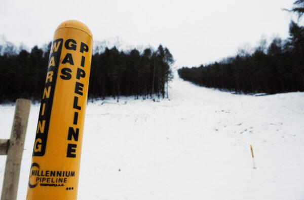 A sign indicating the location of the Millennium Pipeline buried under a cut in the forest in Hancock, New York, in a file photo. (STAN HONDA/AFP via Getty Images)