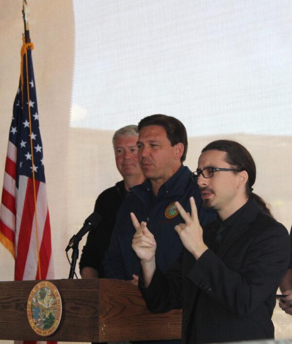Florida Gov. Ron DeSantis speaks at a press conference and gives updates on Hurricane Ian efforts on Oct. 22. (Jann Falkenstern/The Epoch Times)
