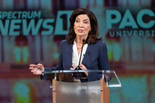 Incumbent Democratic Gov. Kathy Hochul participates in a debate against Republican candidate for New York Governor Lee Zeldin hosted by Spectrum News NY1, at Pace University in New York on Oct. 25, 2022. (Mary Altaffer/Pool via AP)