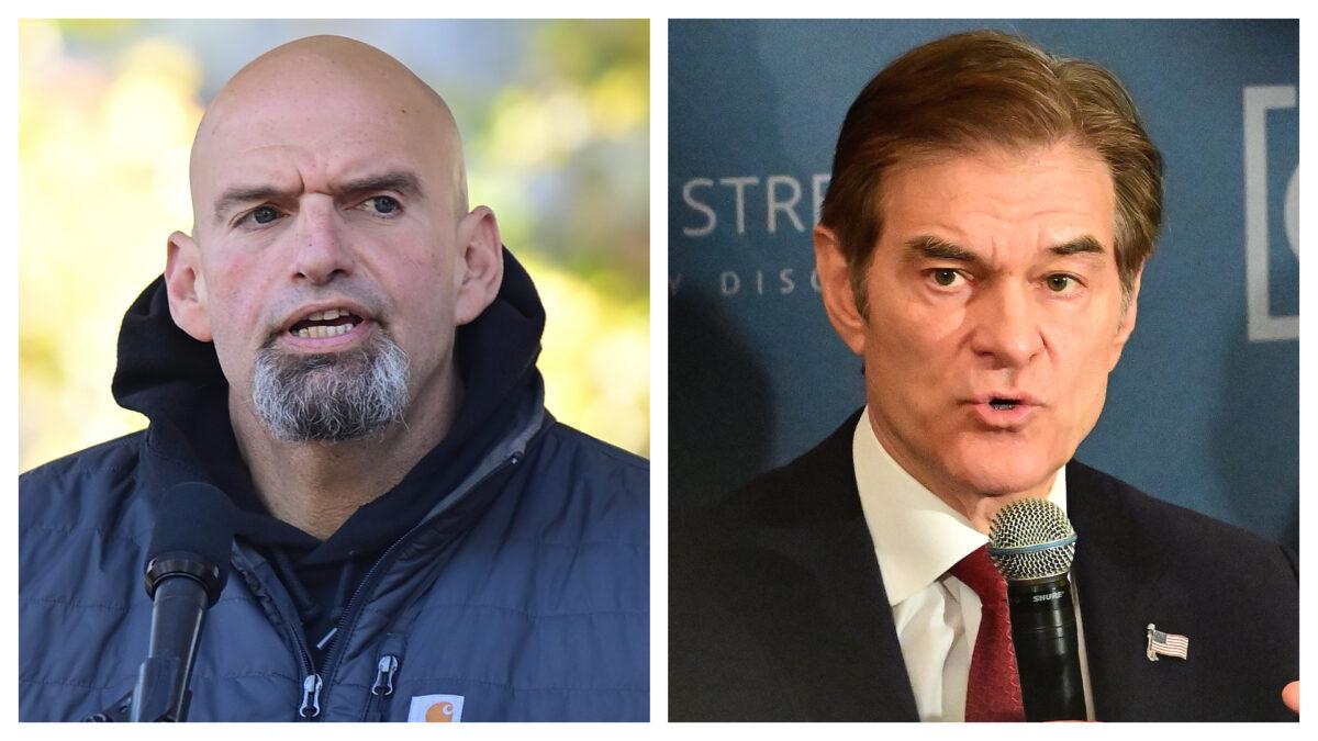 (Left) Democratic candidate for U.S. Senate John Fetterman addresses supporters during a rally at Norris Park in Philadelphia on Oct. 15, 2022. (Right) Republican U.S. Senate candidate Dr. Mehmet Oz hosts a safer streets community discussion in Philadelphia on Oct. 13, 2022. (Mark Makela/Getty Images)
