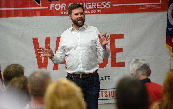 Republican Senate candidate for Ohio J.D. Vance speaks to supporters at a campaign office in Canton, Ohio, on Oct. 13, 2022. (Jeff Swensen/Getty Images)