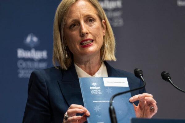 Finance and Women's Minister Katy Gallagher speaks during a budget lockup press conference to announce details of the 2022-23 federal budget to the media at Parliament House in Canberra, Australia, on Oct. 25, 2022. (Martin Ollman/Getty Images)