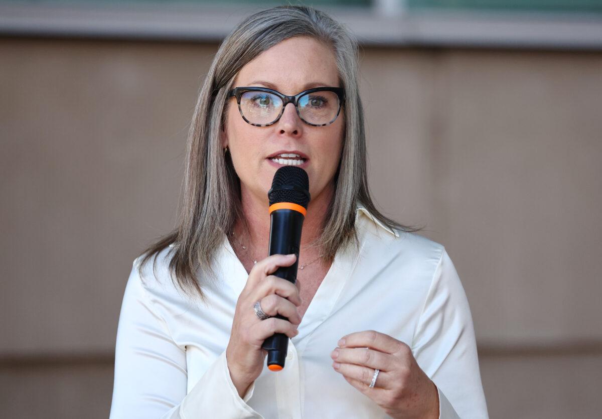 Arizona Secretary of State and Democratic gubernatorial candidate Katie Hobbs speaks at a press conference calling for abortion rights outside the Evo A. DeConcini Courthouse in Tucson, Ariz., on Oct. 7, 2022. (Mario Tama/Getty Images)