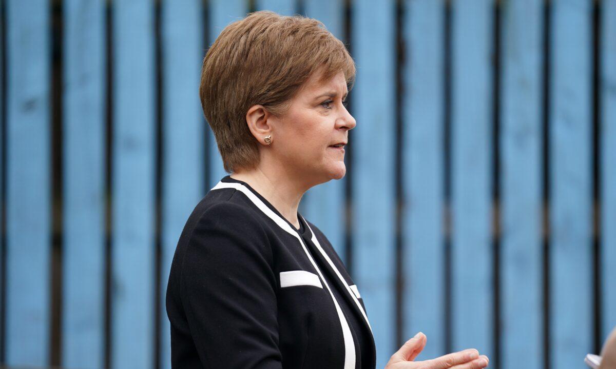 First Minister Nicola Sturgeon speaks to the media during her visit to Buchanan Street Residential Children's Home in Coatbridge, Scotland, on Oct. 24, 2022. (Andrew Milligan/PA Media)