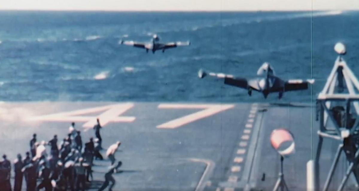 U.S. Naval jets taking off from an aircraft carrier in “The Korean War Remembered.” (Republic Pictures)