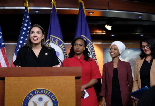 Rep. Alexandria Ocasio-Cortez (D-N.Y.) speaks as Reps. Ayanna Pressley (D-Mass.), Ilhan Omar (D-Minn.), and Rashida Tlaib (D-Mich.) listen during a press conference at the U.S. Capitol in Washington on July 15, 2019. (Alex Wroblewski/Getty Images)