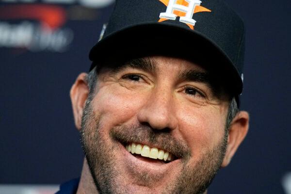 Houston Astros starting pitcher Justin Verlander speaks to media ahead of Game 1 of the baseball World Series between the Houston Astros and the Philadelphia Phillies in Houston, Oct. 27, 2022. (Eric Gay/AP Photo)