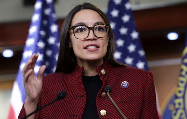 Rep. Alexandria Ocasio-Cortez (D-N.Y.) speaks on banning stock trades for members of Congress at a news conference on Capitol Hill in Washington, on April 7, 2022. (Kevin Dietsch/Getty Images)