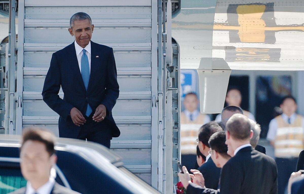 Then President Barack Obama arrives on Air Force One for the 2016 G20 State Leaders Hangzhou Summit at the Hangzhou Xiaoshan International Airport in Hangzhou, on Sept. 3, 2016. (Etienne Oliveau/Getty Images)