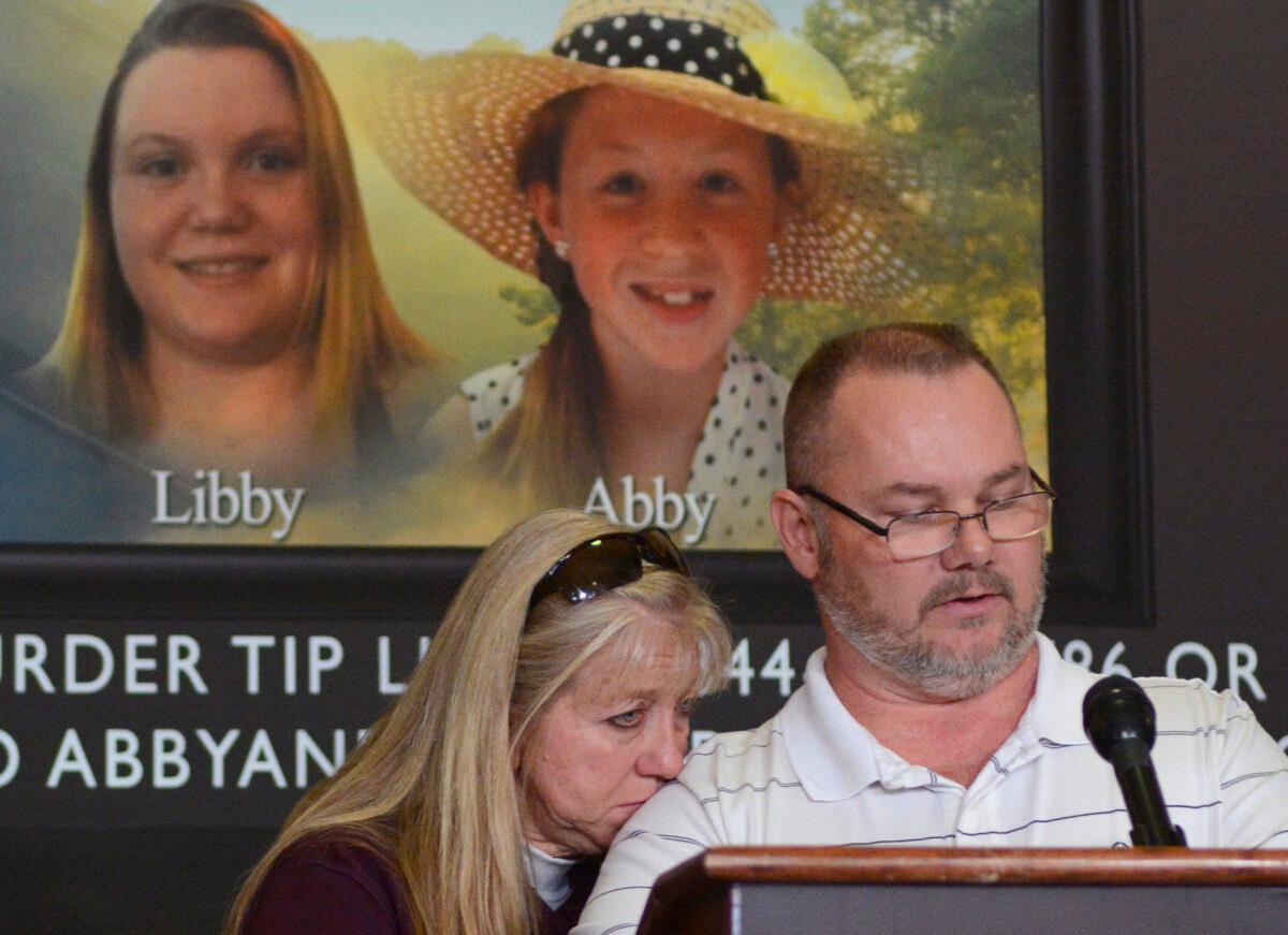 Grandparents of victim Libby German, Becky Patty (L) and her husband Mike Patty speak during a news conference for the latest updates on the investigation of the double homicide of Liberty German and Abigail Williams, at Carroll County Courthouse in Delphi, Ind., on March 9, 2017. (J. Kyle Keener/The Pharos-Tribune via AP)