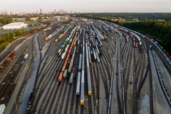Freight train cars sit in a Norfolk Southern rail yard in Atlanta on Sept. 14, 2022. (Danny Karnik/ AP Photo)