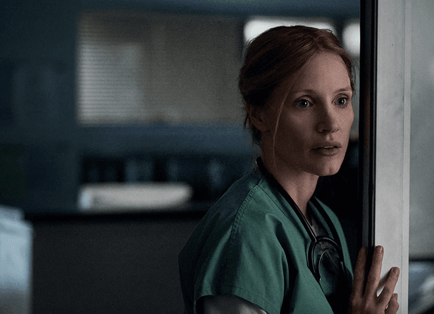 Nurse Amy Loughren (Jessica Chastain), in "The Good Nurse." (JoJo Whilden/Netflix)
