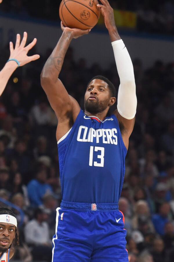 Los Angeles Clippers forward Paul George shoots in the second half of an NBA basketball game against the Oklahoma City Thunder, in Oklahoma City, on Oct. 27, 2022. (Kyle Phillips/AP Photo)