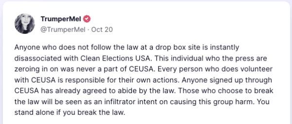 Melody Jennings admonishes any volunteers via Truth Social to act lawfully while observing ballot drop boxes in Arizona, on Oct. 20, 2022. (Screenshot via The Epoch Times)