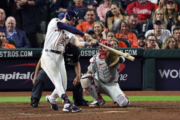 Kyle Tucker (30) of the Houston Astros hits a single in the eighth inning against the Philadelphia Phillies in Game One of the 2022 World Series at Minute Maid Park in Houston, on Oct. 28, 2022. (Bob Levey/Getty Images)