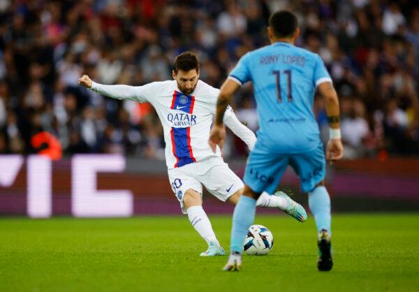 Paris St. Germain's Lionel Messi scores their second goal against Troyes at Parc des Princes Stadium, in Paris, on Oct. 29, 2022. (Sarah Meyssonnier/Reuters)