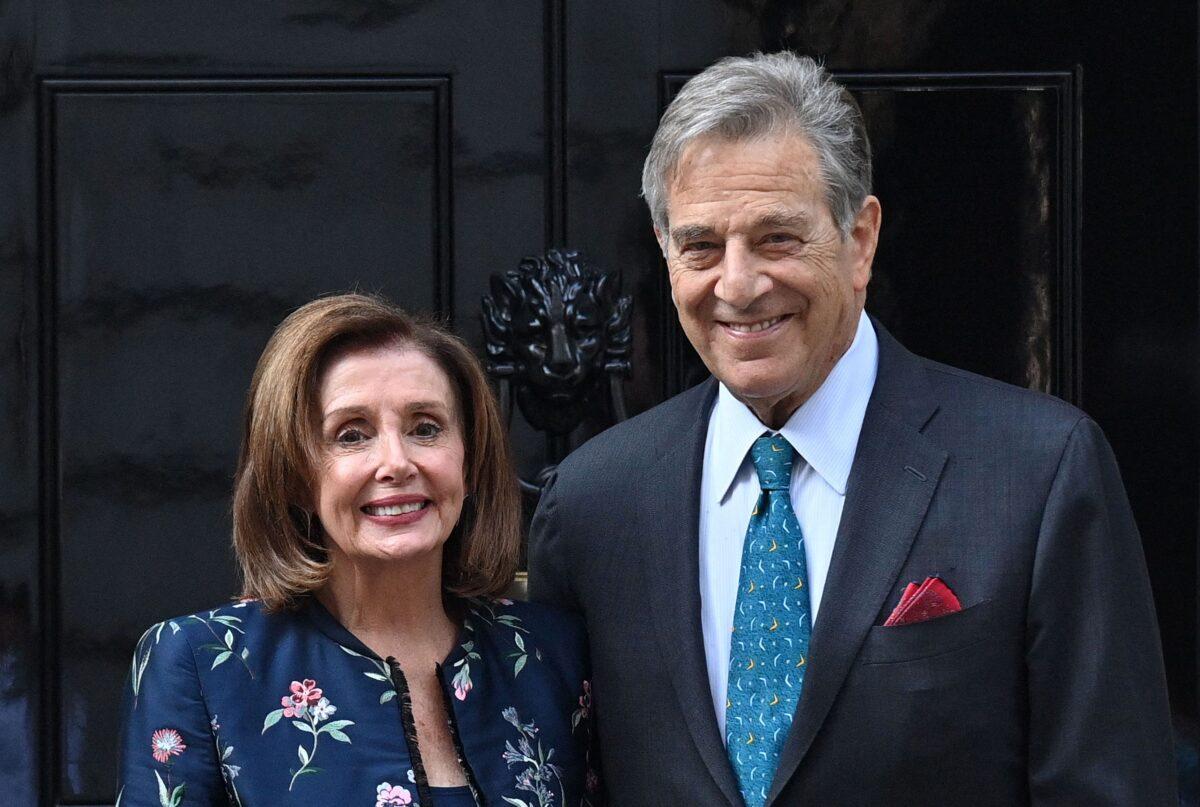 House Speaker Nancy Pelosi (L) and her husband Paul Pelosi, outside of 10 Downing Street in central London, on Sept. 16, 2021. (Justin Tallis/AFP via Getty Images)