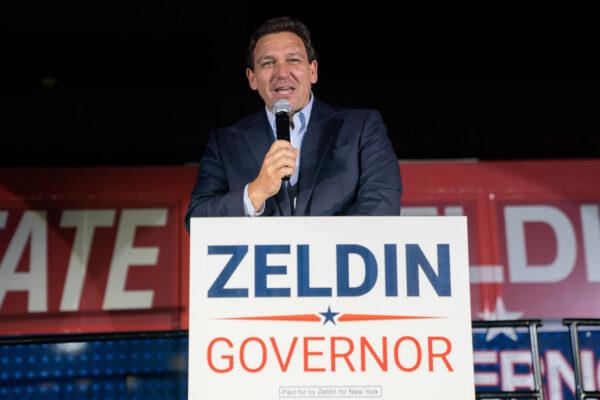 Florida Gov. Ron DeSantis campaigns alongside New York Republican gubernatorial hopeful, Rep. Lee Zeldin (R-N.Y.) at a Get Out The Vote Rally in Hauppauge, New York, on Oct. 29, 2022. (David Dee Delgado/Getty Images)