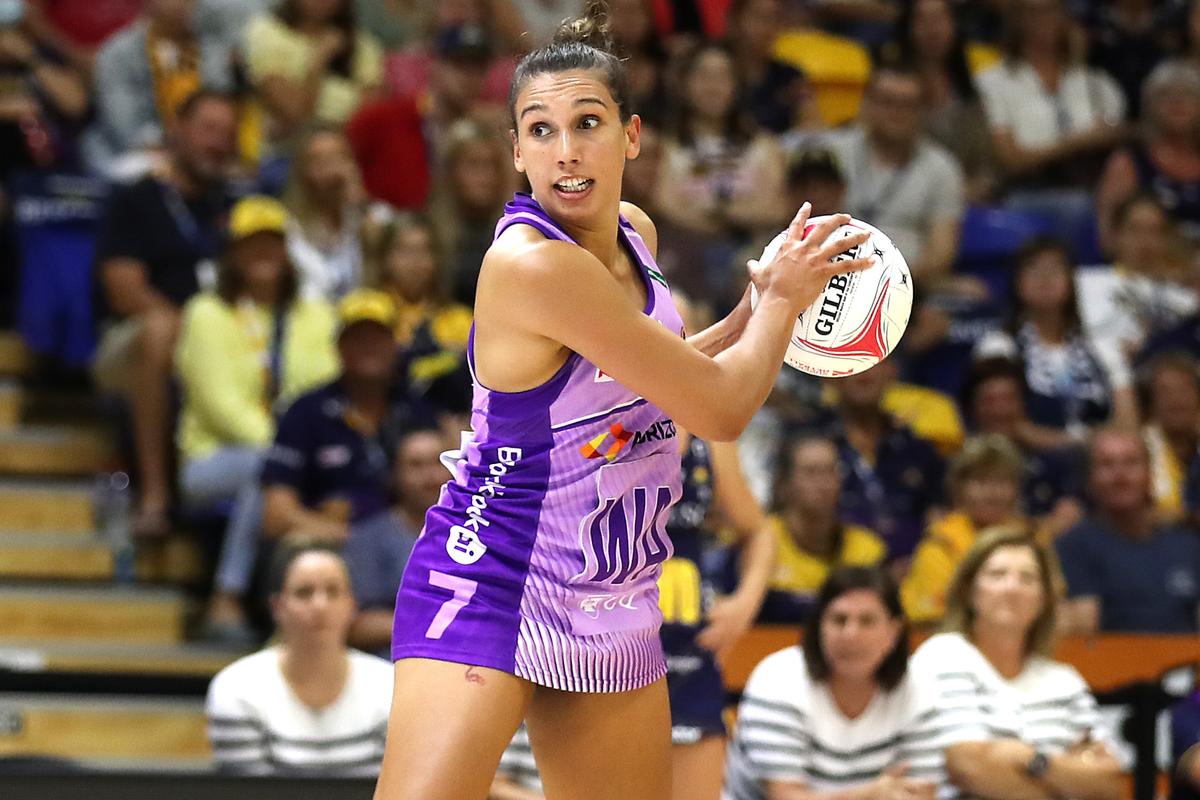 Jemma Mi Mi of the Firebirds catches the ball during the Super Netball Round 2 match between Sunshine Coast Lightning and Queensland Firebirds at USC Stadium in the Sunshine Coast, Australia, on April 2, 2022. (AAP Image/Jono Searle)