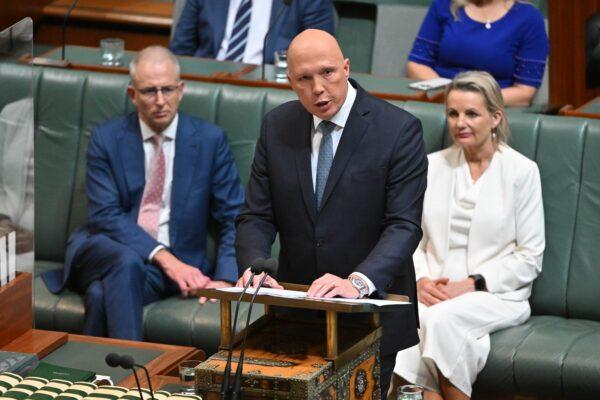 Leader of the Opposition Peter Dutton delivers his Budget Reply Speech in the House of Representatives of Parliament House in Canberra, Australia, on Oct. 27, 2022. (AAP Image/Mick Tsikas)