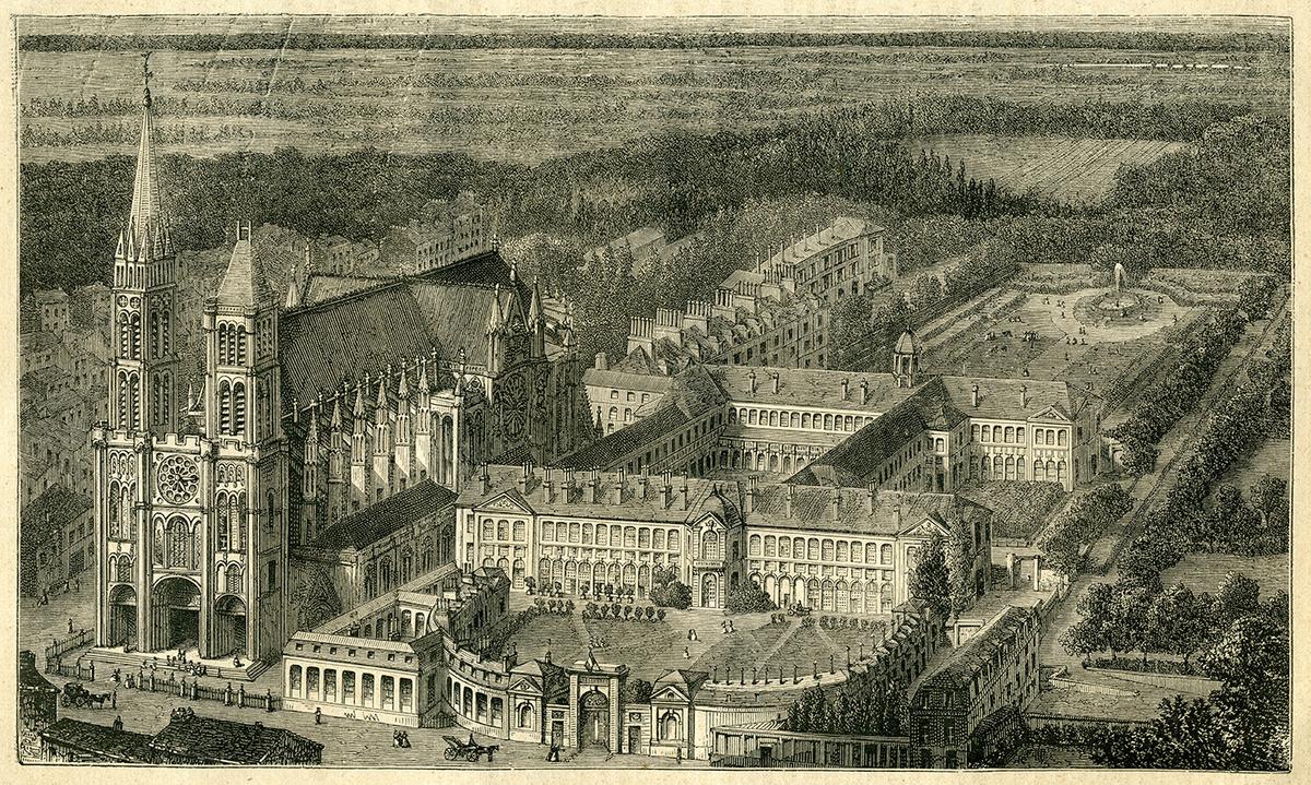 The Abbey of Saint-Denis before the north tower (left) was demolished after a lightning strike in 1837. Engraving by Julien Hippolyte Devicque. (Public Domain)