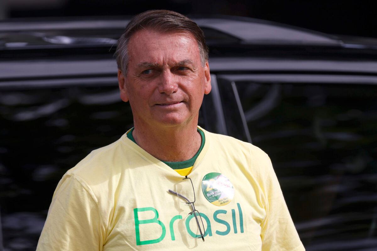 Brazilian President Jair Bolsonaro, who is running for another term, arrives to cast his vote at Vila Militar district in Rio de Janeiro, Brazil, on Oct. 30, 2022. (Wagner Meier/Getty Images)