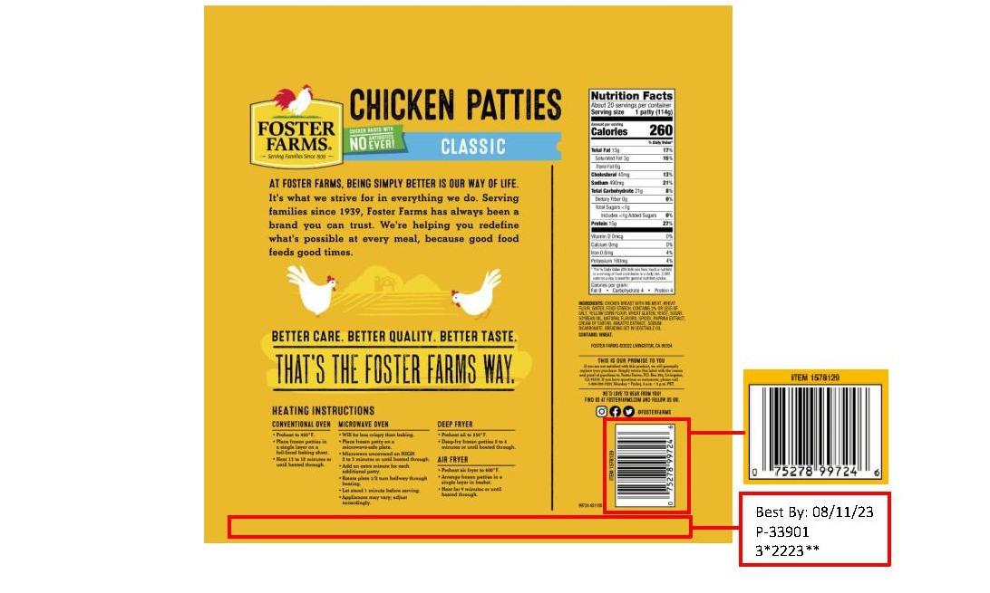 Chicken patties recalled by Foster Farms on Oct. 29, 2022. (USDA)