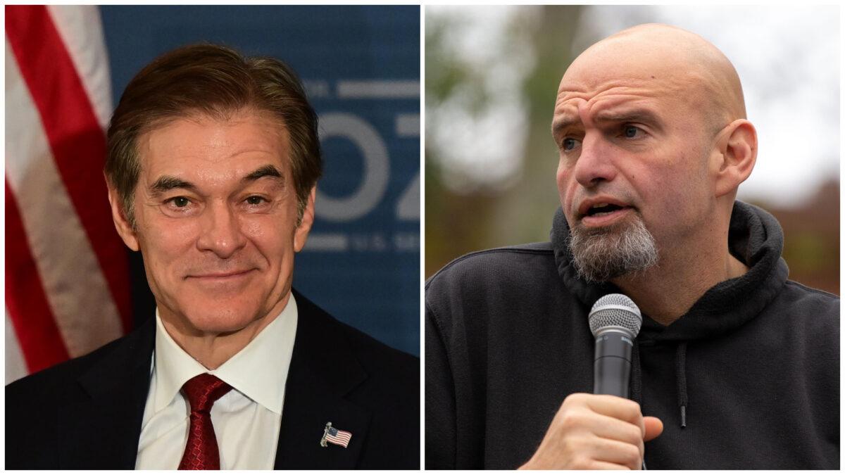 (Left) Republican Senate candidate Dr. Mehmet Oz hosts a safer streets community discussion at Galdos Catering and Entertainment in Philadelphia on Oct. 13, 2022. (Mark Makela/Getty Images); (Right) Pennsylvania's Lieutenant Gov. John Fetterman speaks to supporters in Dickinson Square Park in Philadelphia on Oct. 23, 2022. (Kriston Jae Bethel/AFP via Getty Images)
