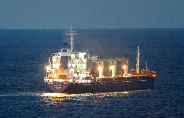 The Sierra Leone-flagged cargo ship Razoni, carrying Ukrainian grain, in the Black Sea off Kilyos, near Istanbul on Aug. 2, 2022. (Yoruk Isik/Reuters)