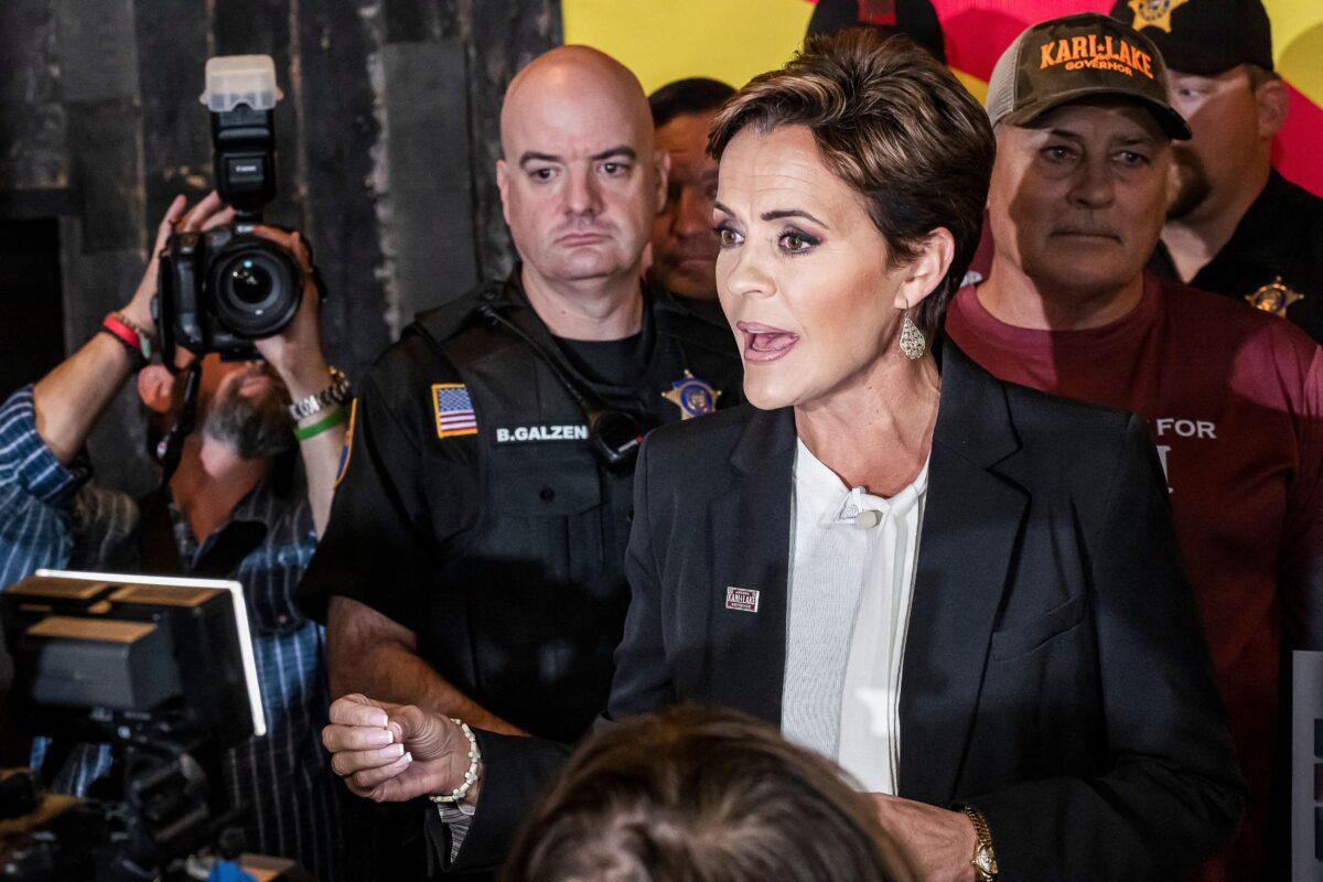 Republican candidate for governor of Arizona Kari Lake speaks to the press in Peoria, Arizona, on Oct. 26, 2022. (Olivier Touron/AFP via Getty Images)