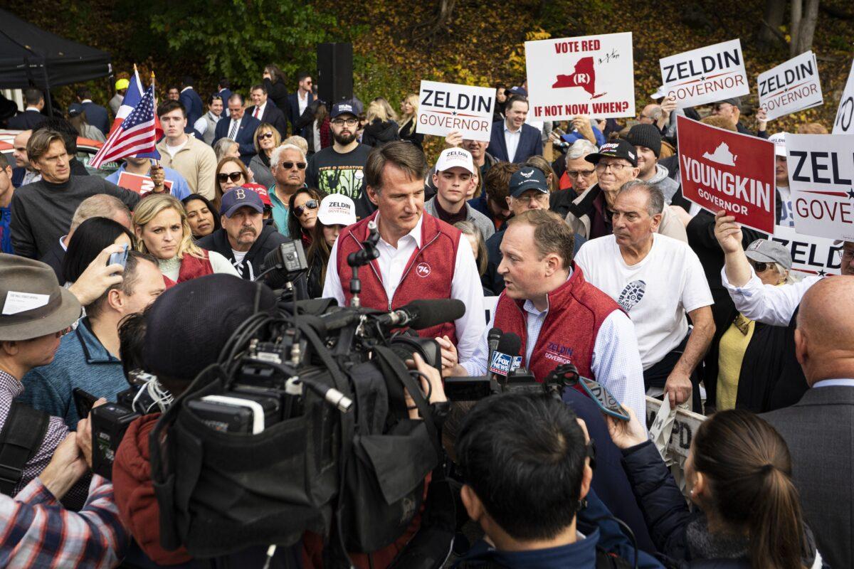 Republican gubernatorial nominee Rep. Lee Zeldin (R-N.Y.) and Virginia Gov. Glenn Youngkin speak at “Get Out the Vote Rally” in Thornwood, Westchester New York, on Oct. 31, 2022. (Chung I Ho/The Epoch Times)