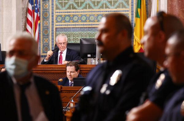 New Los Angeles City Council President Paul Krekorian (2nd L) presides as the council holds its first in-person meeting since he became president in the wake of a leaked audio recording in Los Angeles on Oct. 25, 2022. (Mario Tama/Getty Images)