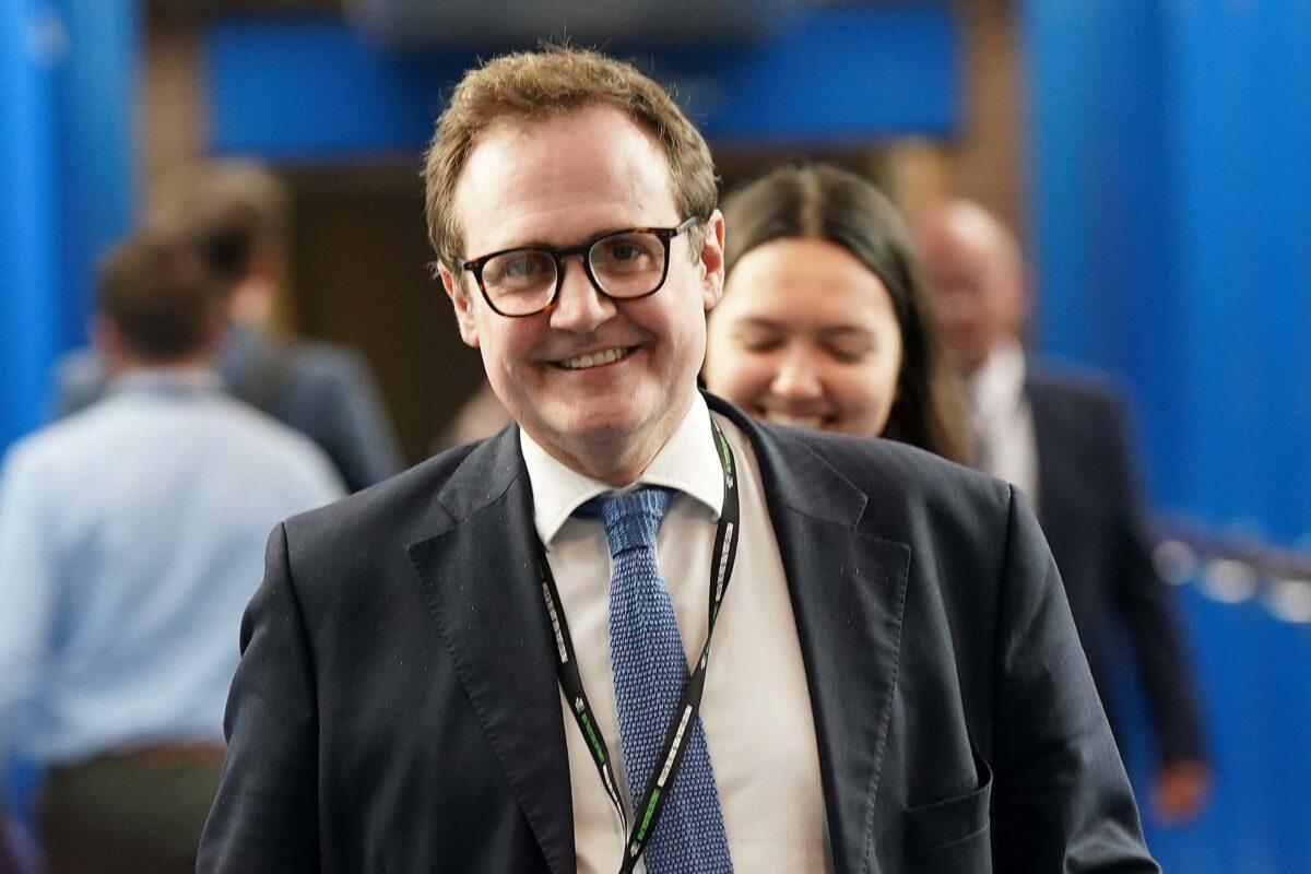 Tom Tugendhat during the Conservative Party annual conference at the International Convention Centre in Birmingham, England, on Oct. 3, 2022. (Jacob King/PA Media)