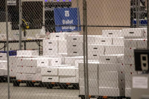 Boxes of counted ballots are seen locked in the ballot storage area at the Philadelphia Convention Center in Philadelphia, Pennsylvania, on Nov. 6, 2020. (Chris McGrath/Getty Images)