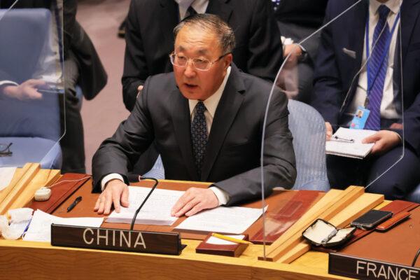 Zhang Jun, permanent representative of China, speaks during the U.N. Security Council meeting discussing the Russian and Ukraine conflict at the United Nations Headquarters in New York City on March 11, 2022. (Michael M. Santiago/Getty Images)