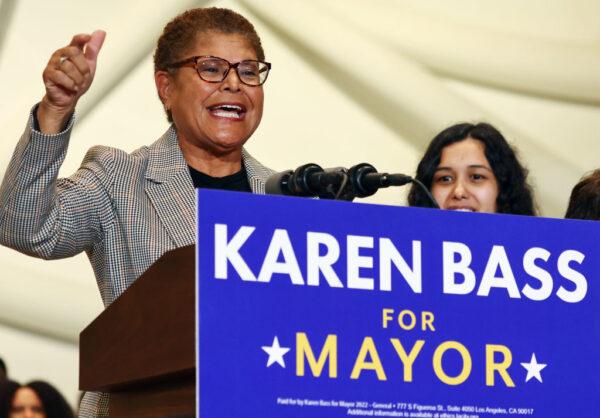 Los Angeles Democratic mayoral candidate, U.S. Rep. Karen Bass (D-Calif.) speaks at a campaign rally attended by U.S. Sen. Bernie Sanders (I-Vt.) in Los Angeles on Oct. 27, 2022. (Mario Tama/Getty Images)